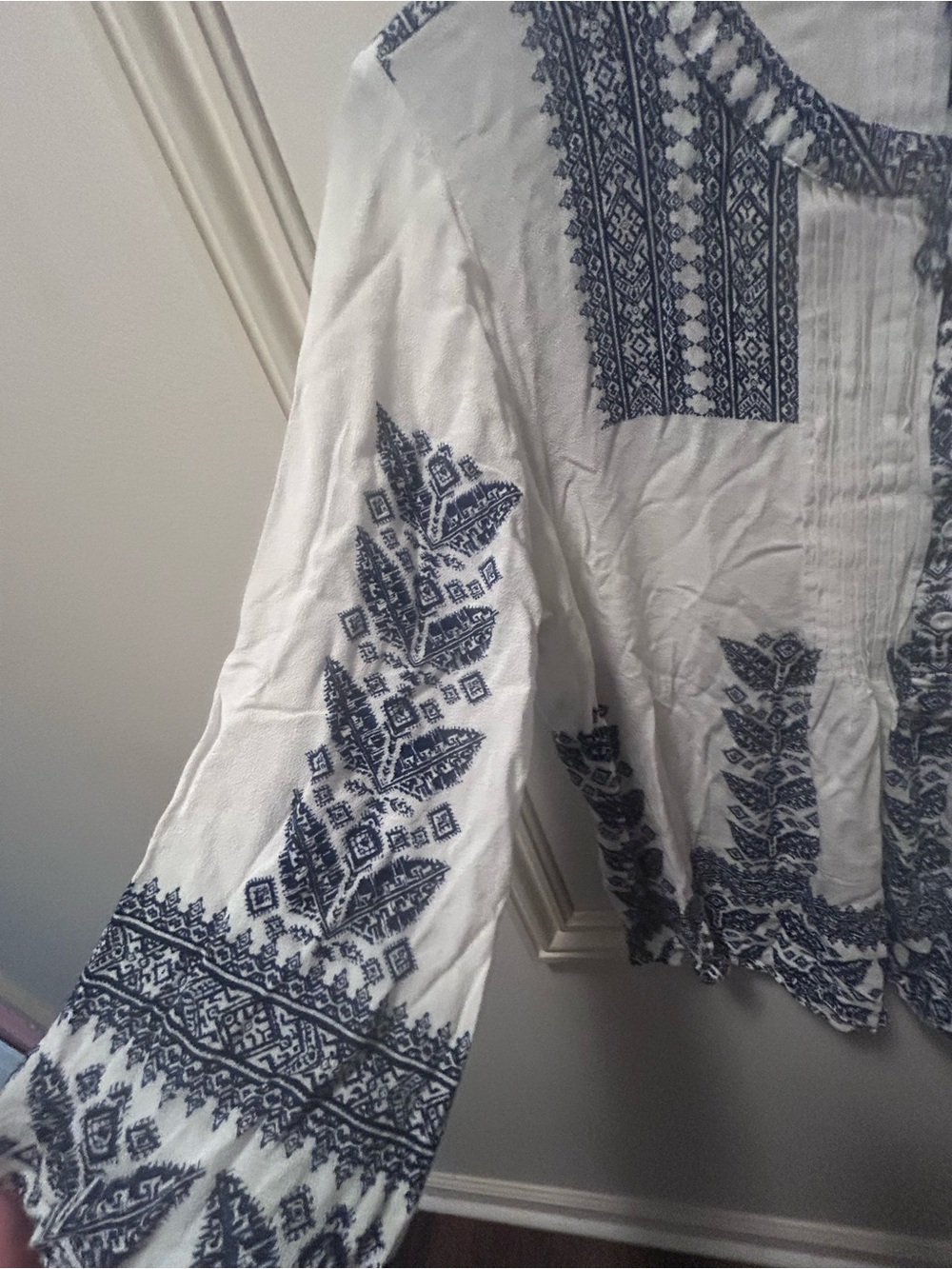 Embroidered White Peasant Blouse with Navy Folk Motif - Picture 2 of 4